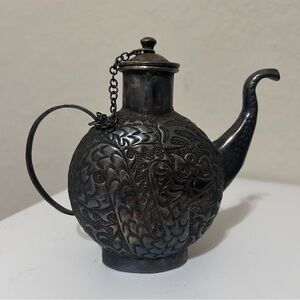 Vintage Chinese Hammered Metal Teapot With Lid On Chain— Dragon Design